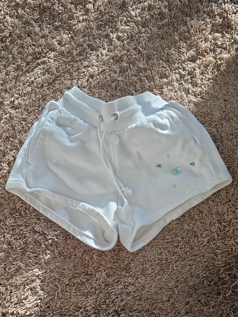 Champion White Terry Drawstring Athletic Shorts with Subtle Multicolor Logo